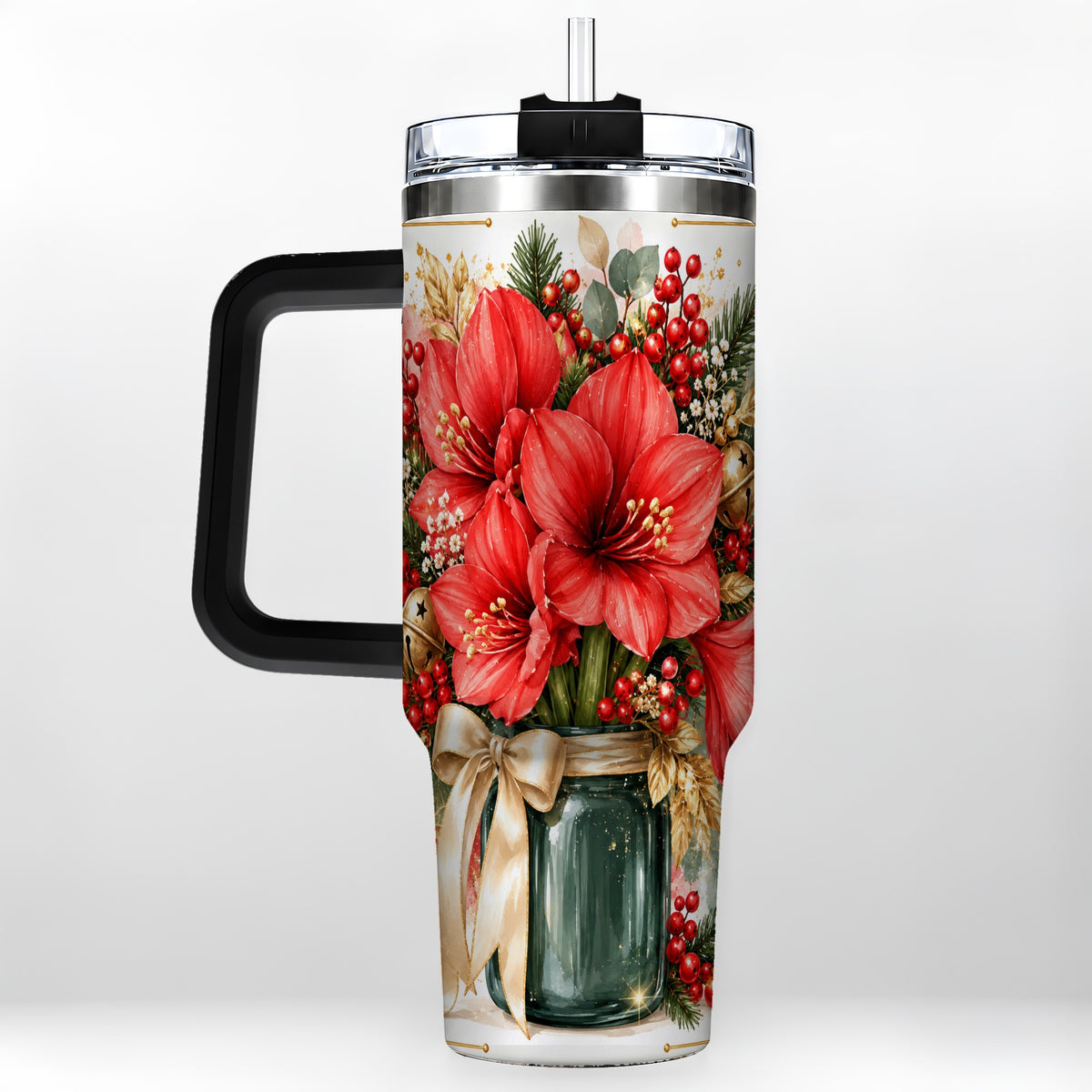 #pl[40oz|Black] Red Amaryllis 40oz Tumbler with Handle, Christmas Watercolor Flowers