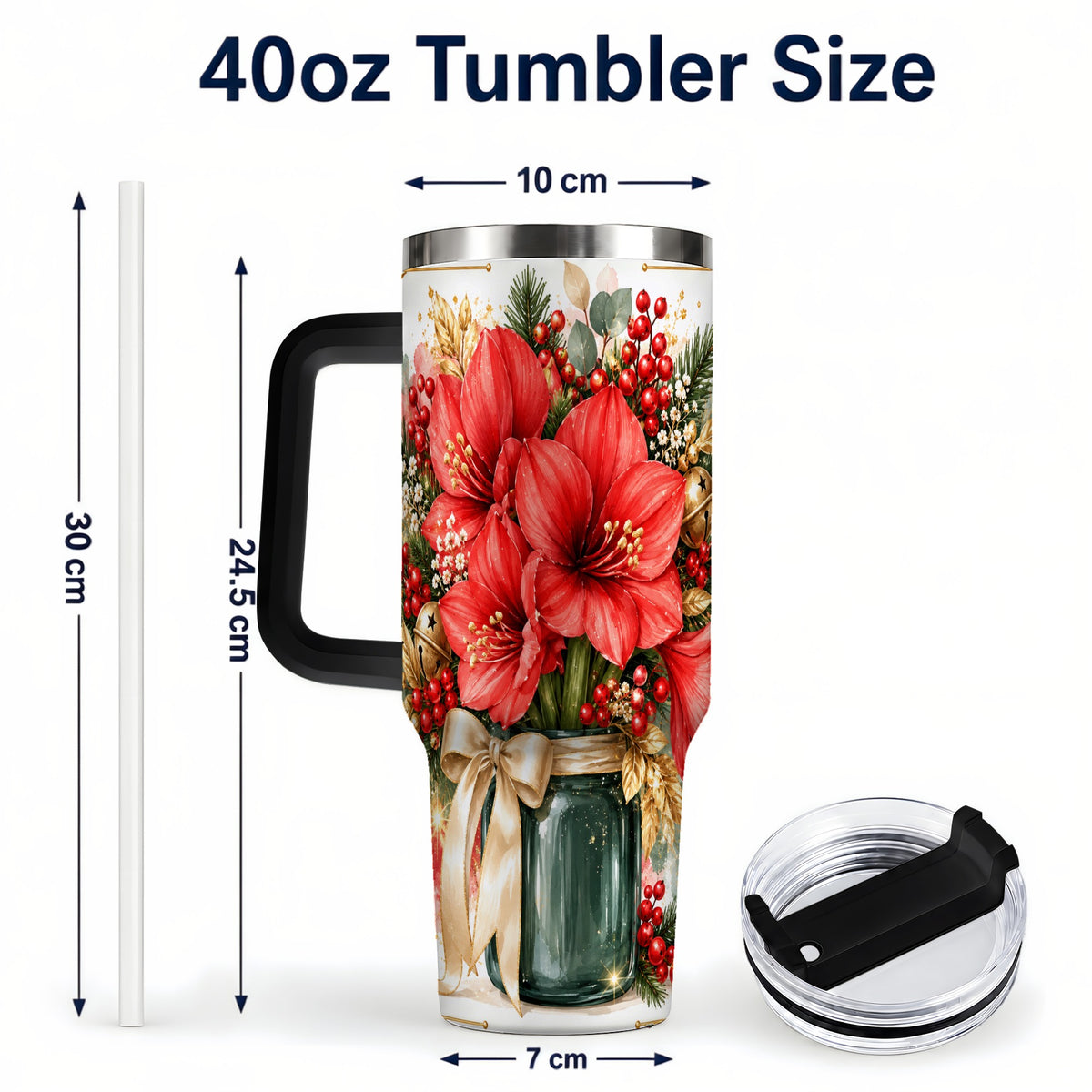 #pl[40oz|Black] Red Amaryllis 40oz Tumbler with Handle, Christmas Watercolor Flowers