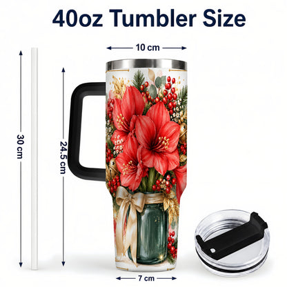 #pl[40oz|Black] Red Amaryllis 40oz Tumbler with Handle, Christmas Watercolor Flowers