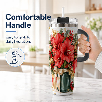 #pl[40oz|Black] Red Amaryllis 40oz Tumbler with Handle, Christmas Watercolor Flowers