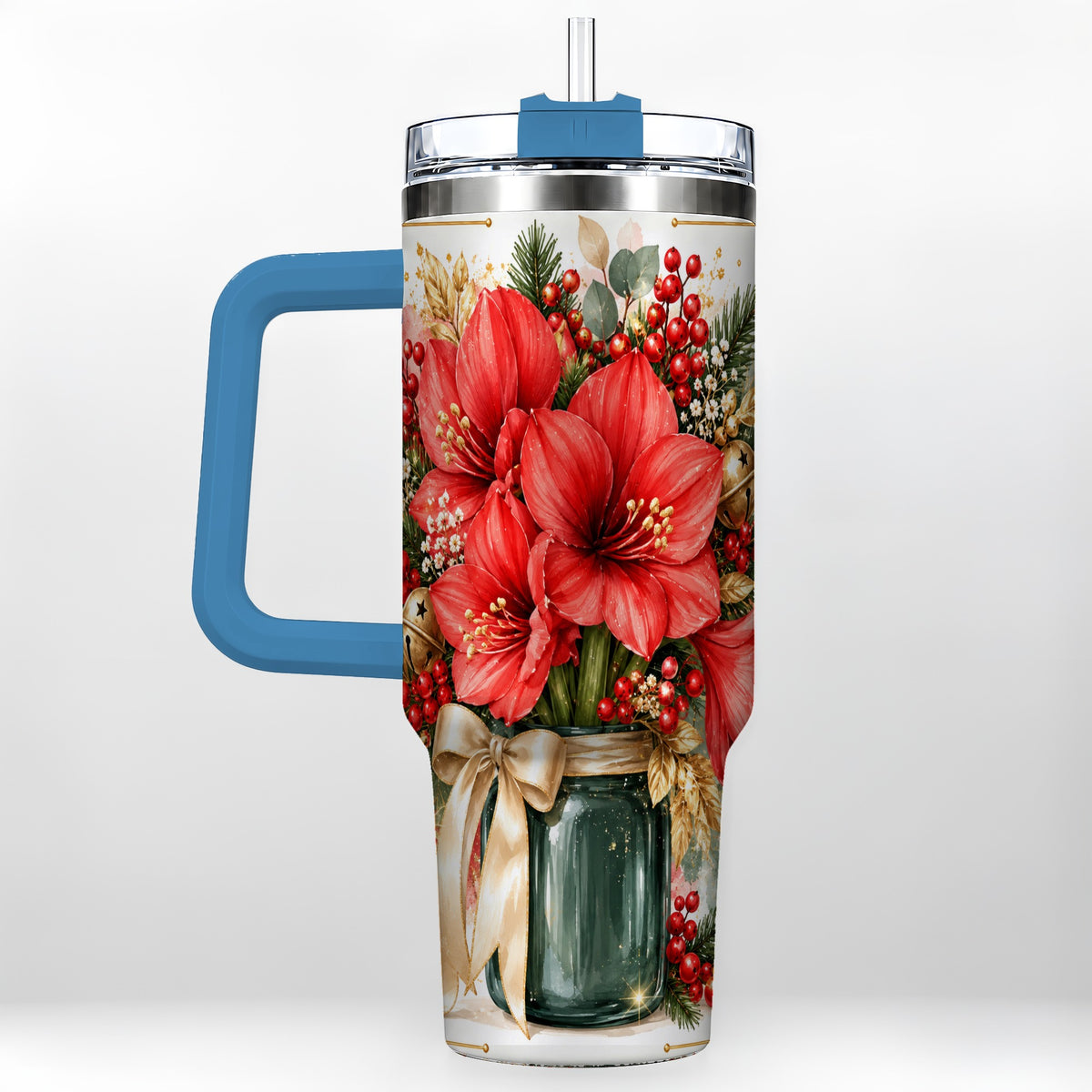 #pl[40oz|Blue] Red Amaryllis 40oz Tumbler with Handle, Christmas Watercolor Flowers