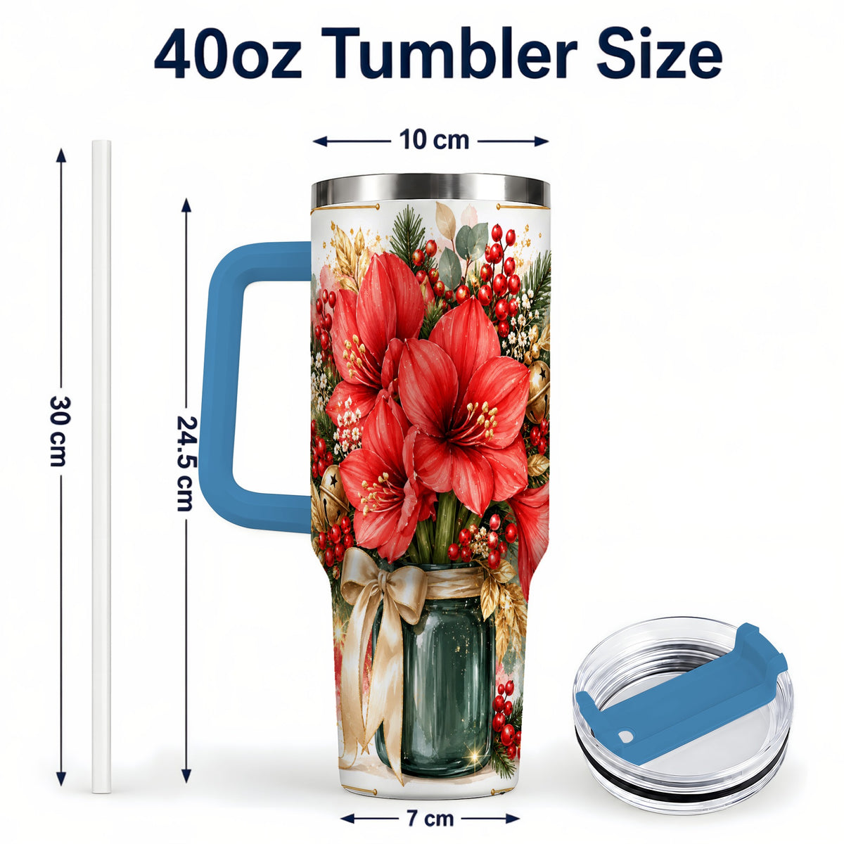 #pl[40oz|Blue] Red Amaryllis 40oz Tumbler with Handle, Christmas Watercolor Flowers