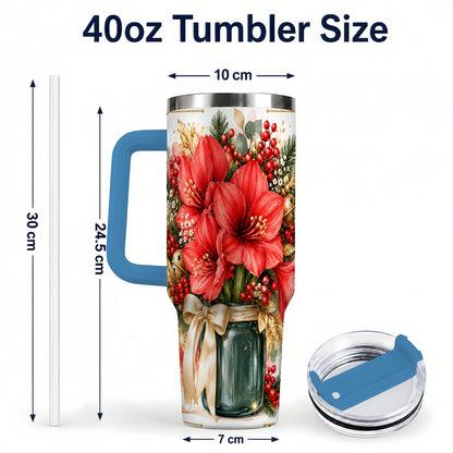 #pl[40oz|Blue] Red Amaryllis 40oz Tumbler with Handle, Christmas Watercolor Flowers