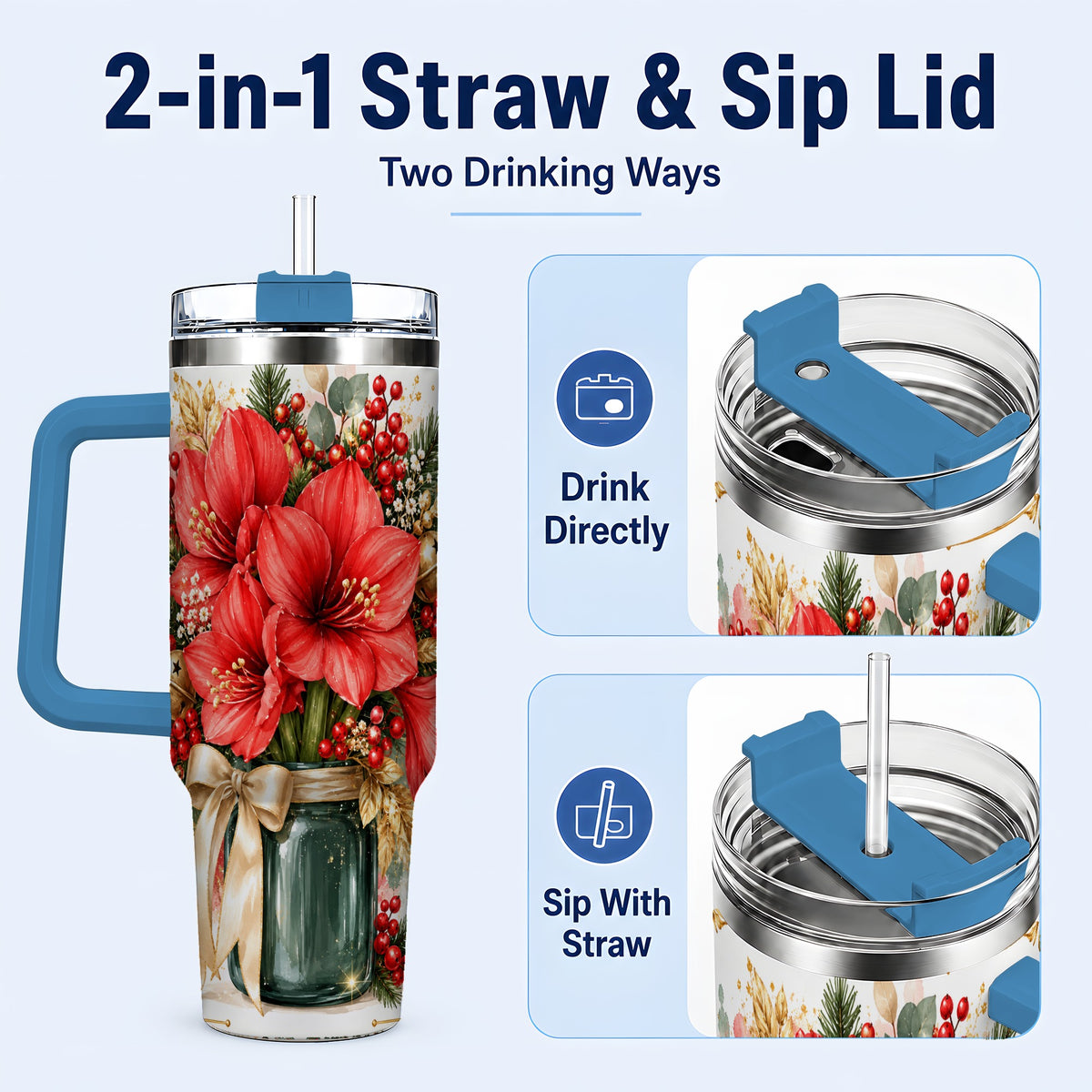 #pl[40oz|Blue] Red Amaryllis 40oz Tumbler with Handle, Christmas Watercolor Flowers