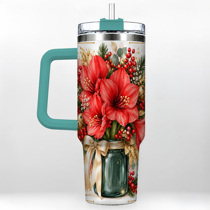 #pl[40oz|Green] Red Amaryllis 40oz Tumbler with Handle, Christmas Watercolor Flowers
