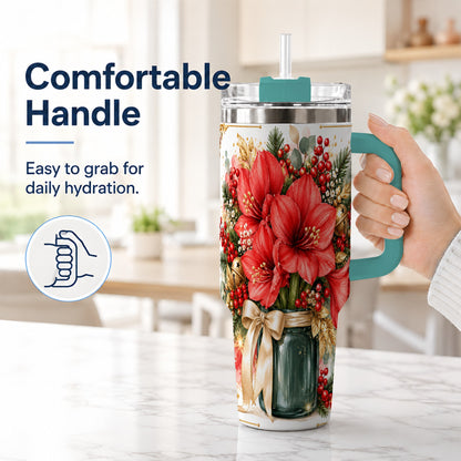 #pl[40oz|Green] Red Amaryllis 40oz Tumbler with Handle, Christmas Watercolor Flowers