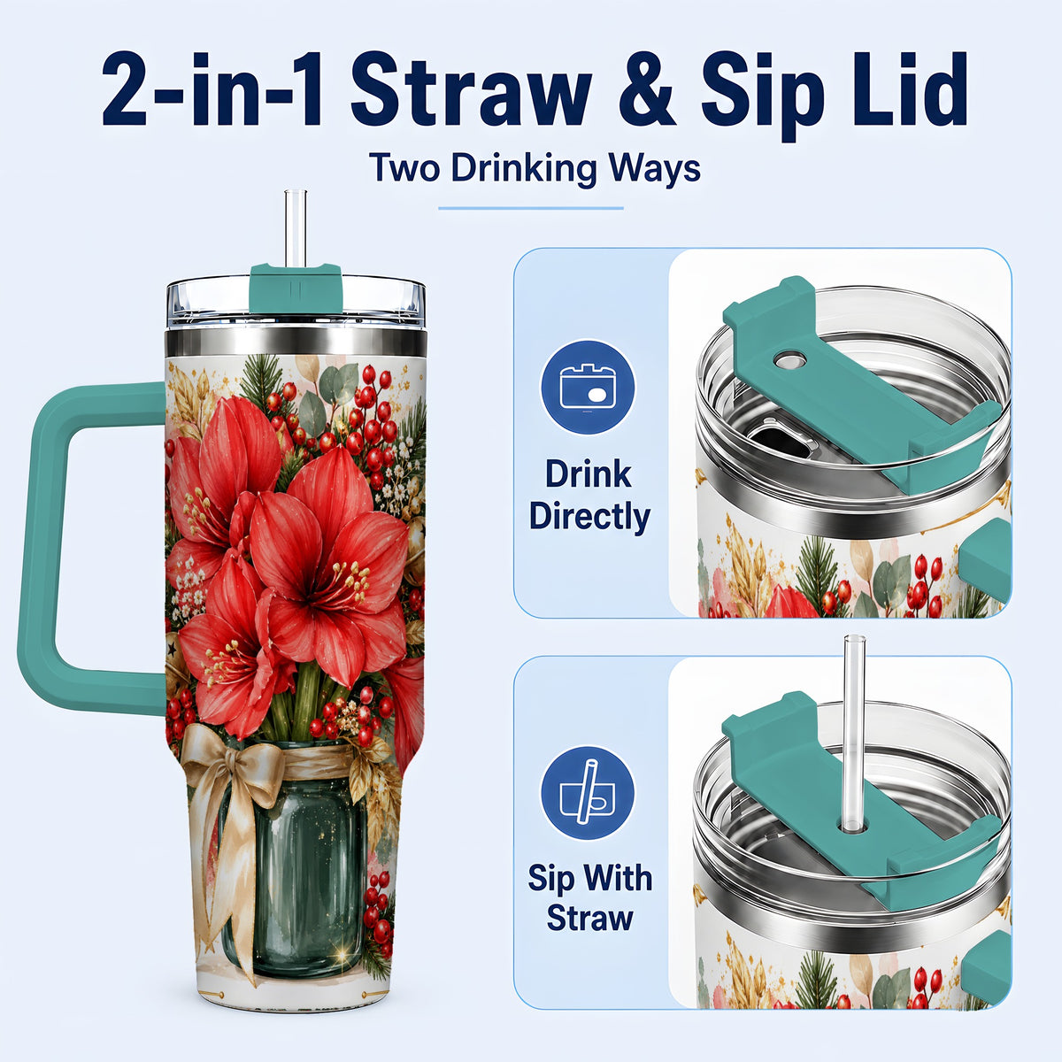 #pl[40oz|Green] Red Amaryllis 40oz Tumbler with Handle, Christmas Watercolor Flowers