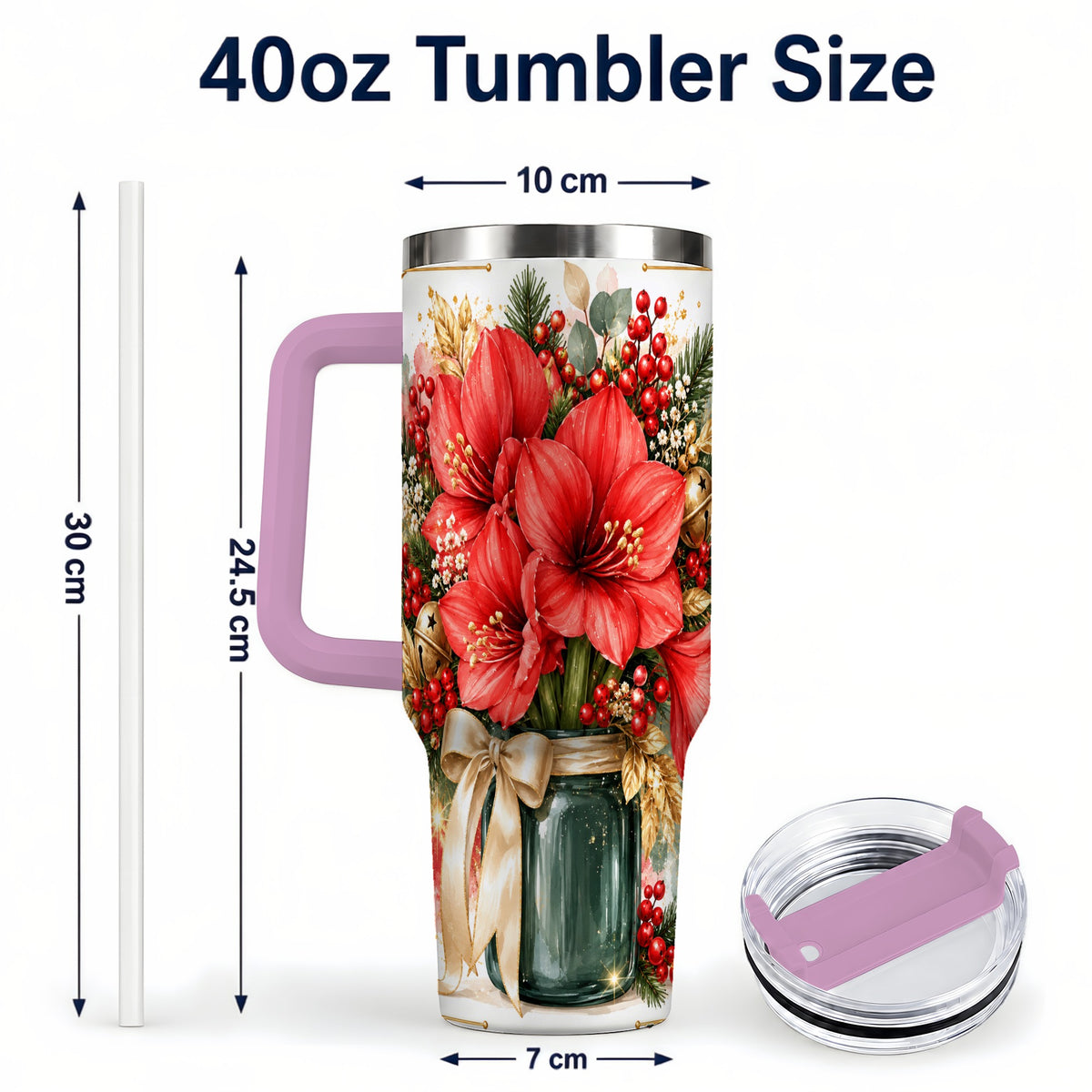 #pl[40oz|Pink] Red Amaryllis 40oz Tumbler with Handle, Christmas Watercolor Flowers