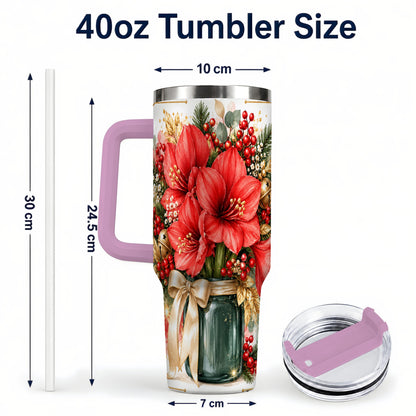 #pl[40oz|Pink] Red Amaryllis 40oz Tumbler with Handle, Christmas Watercolor Flowers