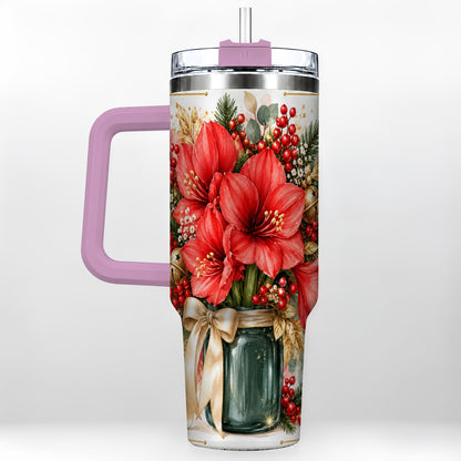 #pl[40oz|Pink] Red Amaryllis 40oz Tumbler with Handle, Christmas Watercolor Flowers