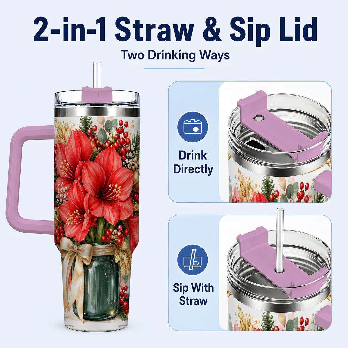 #pl[40oz|Pink] Red Amaryllis 40oz Tumbler with Handle, Christmas Watercolor Flowers