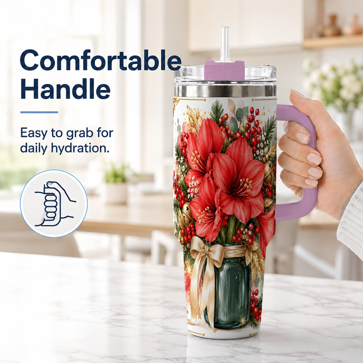 #pl[40oz|Pink] Red Amaryllis 40oz Tumbler with Handle, Christmas Watercolor Flowers