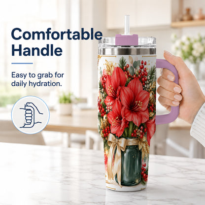#pl[40oz|Pink] Red Amaryllis 40oz Tumbler with Handle, Christmas Watercolor Flowers