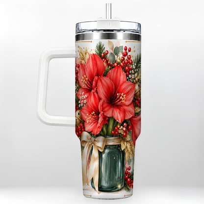 Red Amaryllis 40oz Tumbler with Handle, Christmas Watercolor Flowers