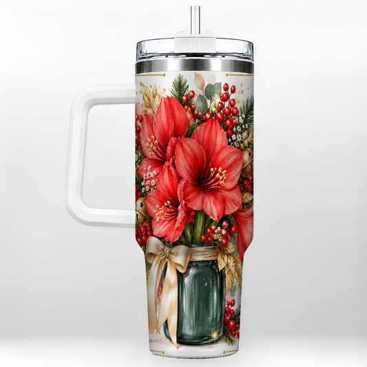 Red Amaryllis 40oz Tumbler with Handle, Christmas Watercolor Flowers