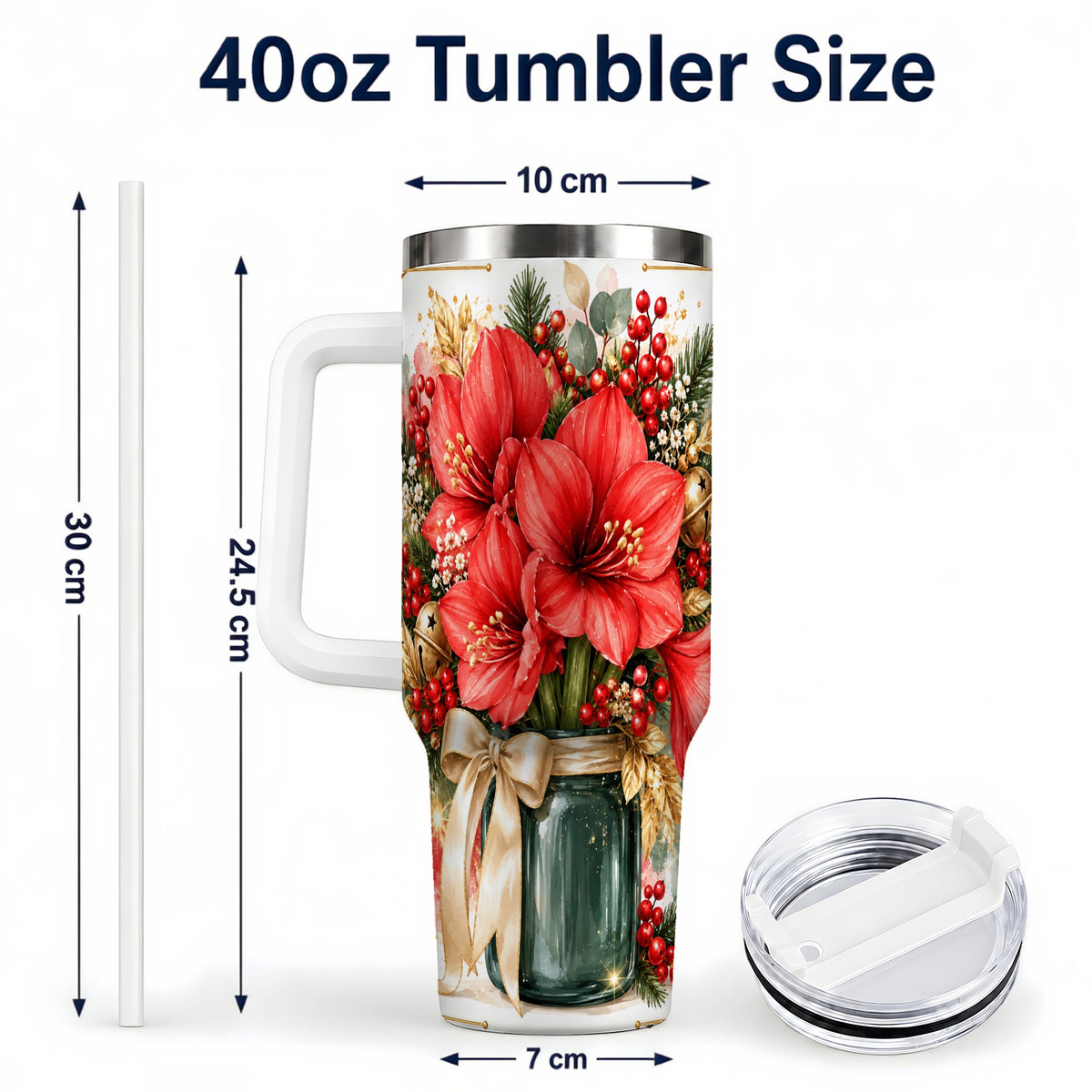 #pl[40oz|White] Red Amaryllis 40oz Tumbler with Handle, Christmas Watercolor Flowers