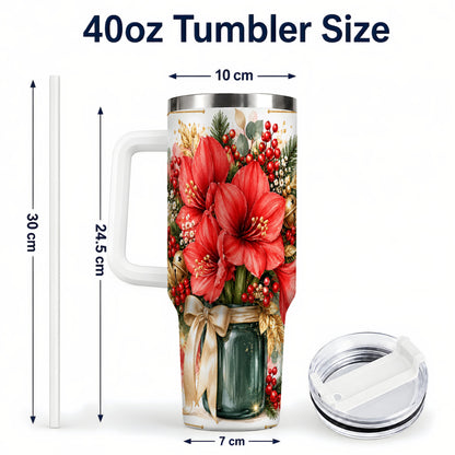 #pl[40oz|White] Red Amaryllis 40oz Tumbler with Handle, Christmas Watercolor Flowers