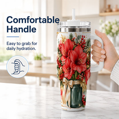 #pl[40oz|White] Red Amaryllis 40oz Tumbler with Handle, Christmas Watercolor Flowers