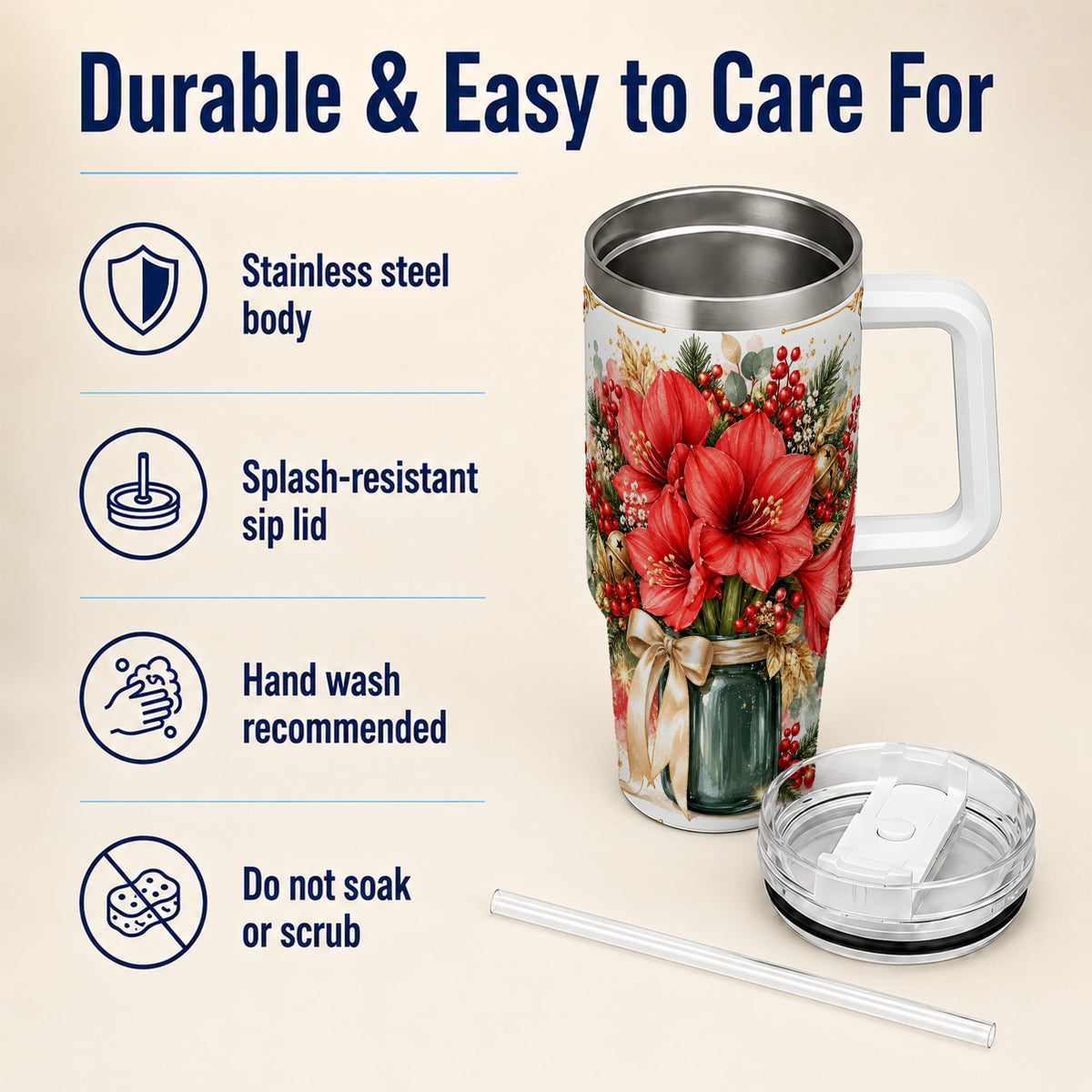 Red Amaryllis 40oz Tumbler with Handle, Christmas Watercolor Flowers