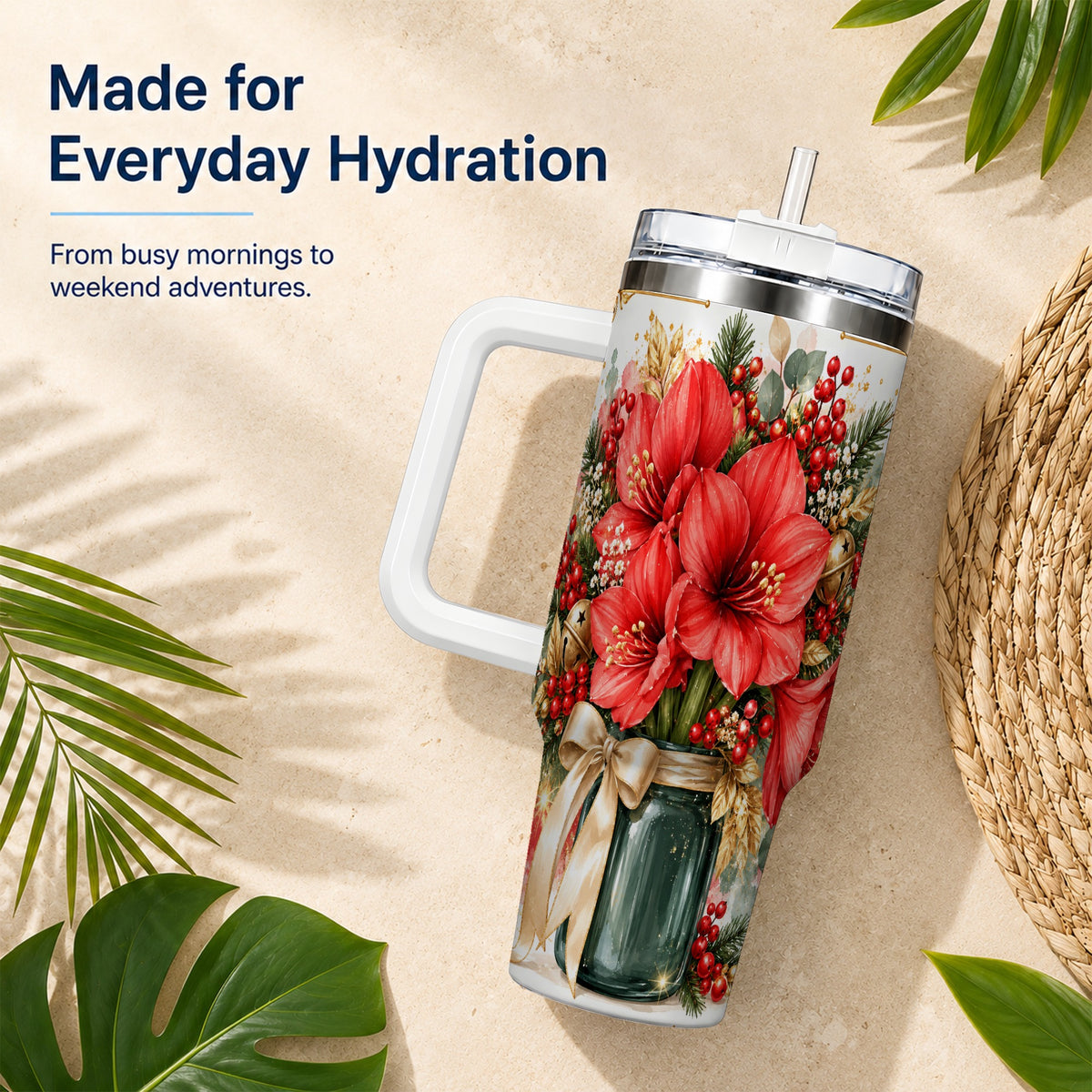 Red Amaryllis 40oz Tumbler with Handle, Christmas Watercolor Flowers