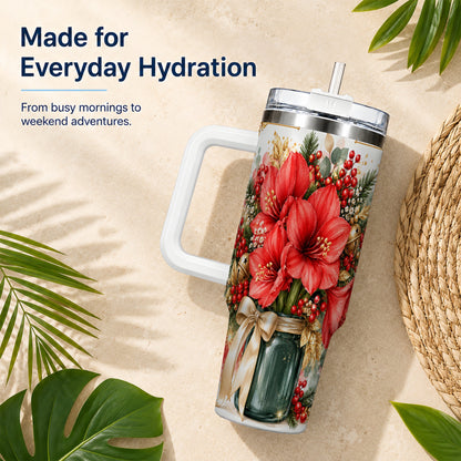 Red Amaryllis 40oz Tumbler with Handle, Christmas Watercolor Flowers