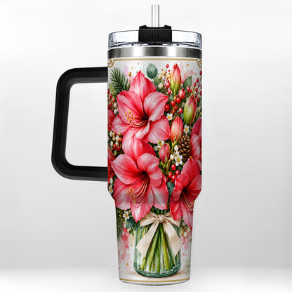 #pl[40oz|Black] Pink Amaryllis 40oz Tumbler with Handle, Christmas Botanical Flowers