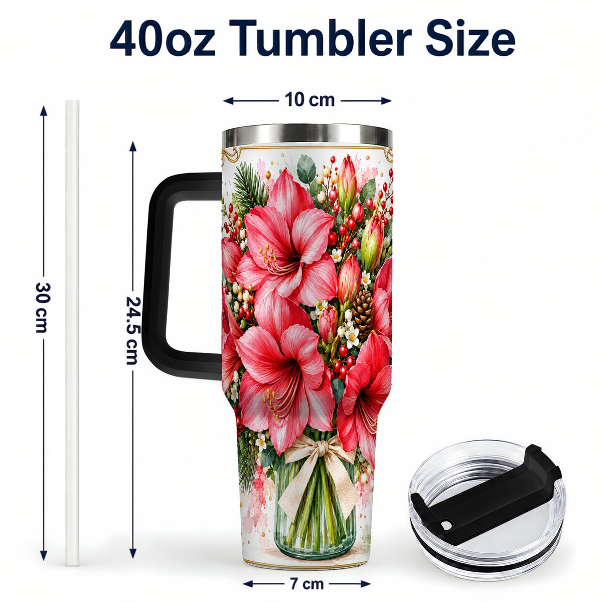 #pl[40oz|Black] Pink Amaryllis 40oz Tumbler with Handle, Christmas Botanical Flowers
