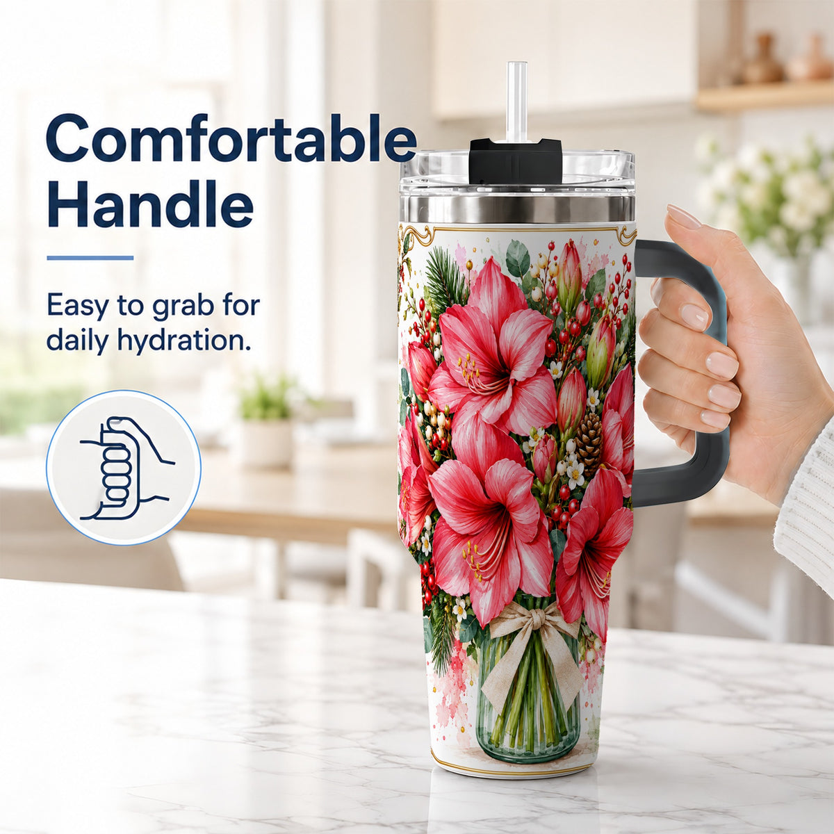 #pl[40oz|Black] Pink Amaryllis 40oz Tumbler with Handle, Christmas Botanical Flowers