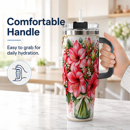 #pl[40oz|Black] Pink Amaryllis 40oz Tumbler with Handle, Christmas Botanical Flowers