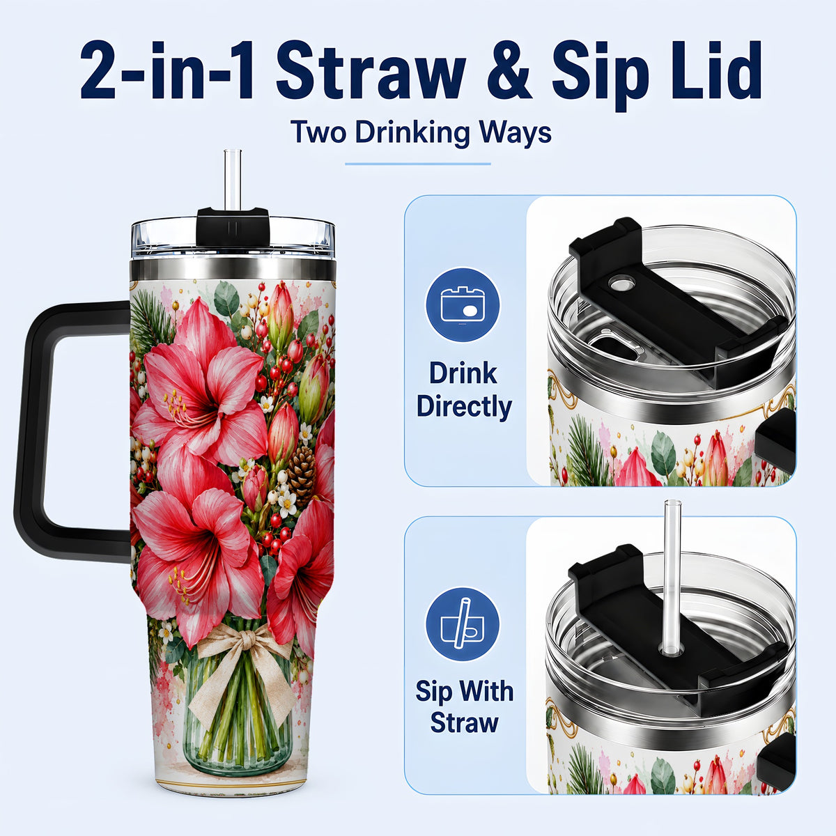 #pl[40oz|Black] Pink Amaryllis 40oz Tumbler with Handle, Christmas Botanical Flowers
