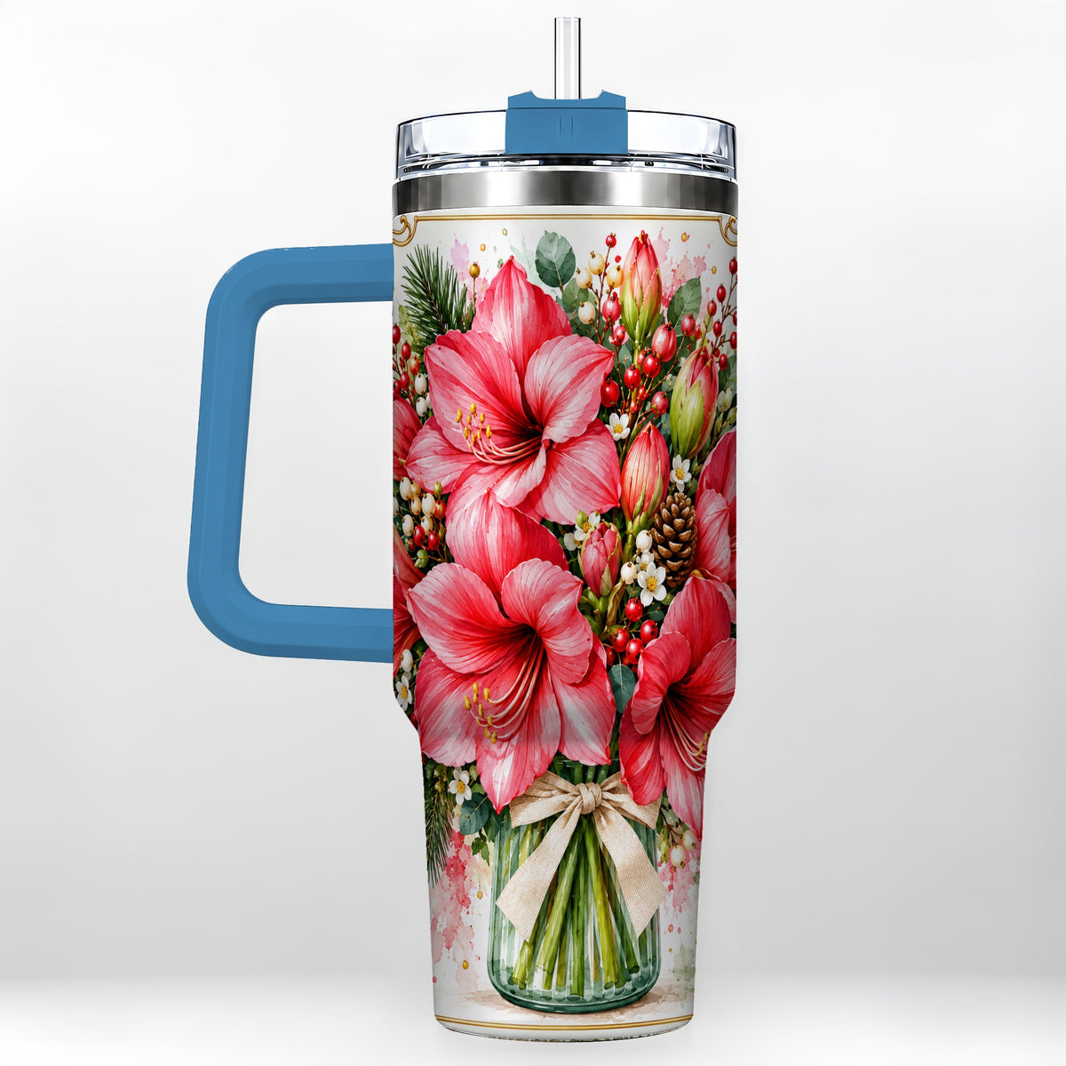 #pl[40oz|Blue] Pink Amaryllis 40oz Tumbler with Handle, Christmas Botanical Flowers