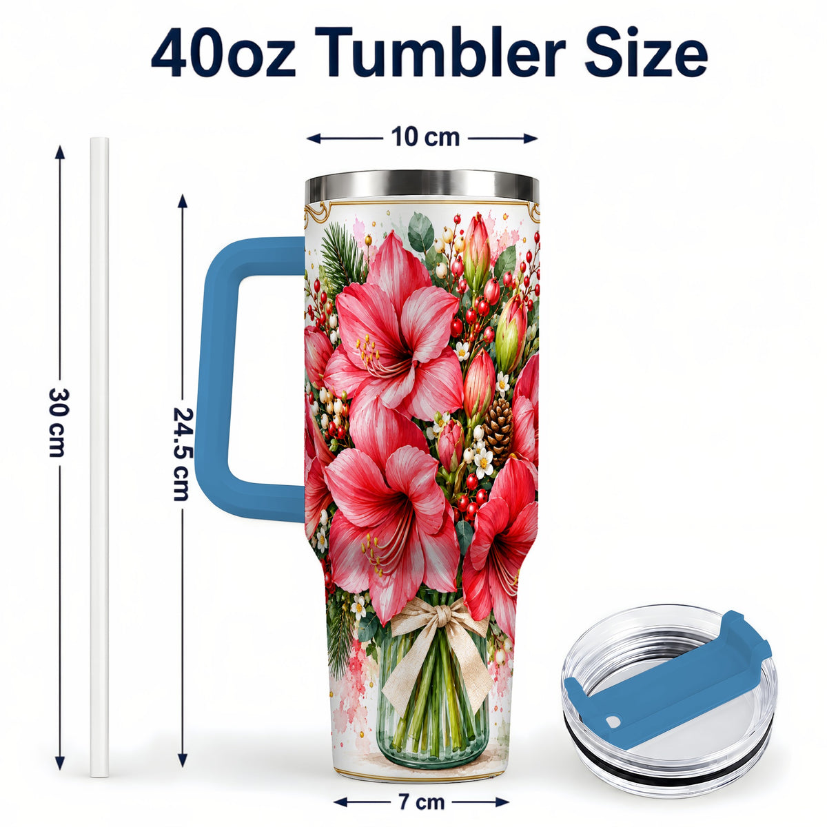 #pl[40oz|Blue] Pink Amaryllis 40oz Tumbler with Handle, Christmas Botanical Flowers