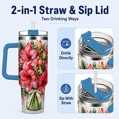 #pl[40oz|Blue] Pink Amaryllis 40oz Tumbler with Handle, Christmas Botanical Flowers