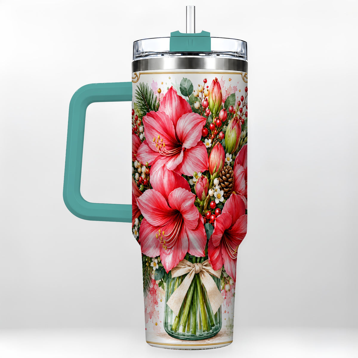 #pl[40oz|Green] Pink Amaryllis 40oz Tumbler with Handle, Christmas Botanical Flowers