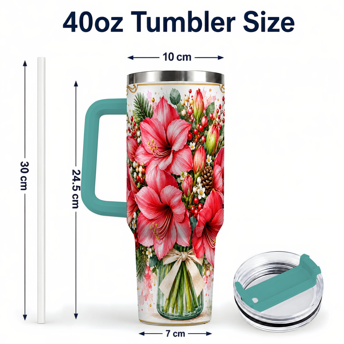 #pl[40oz|Green] Pink Amaryllis 40oz Tumbler with Handle, Christmas Botanical Flowers