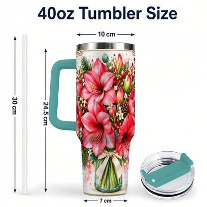 #pl[40oz|Green] Pink Amaryllis 40oz Tumbler with Handle, Christmas Botanical Flowers