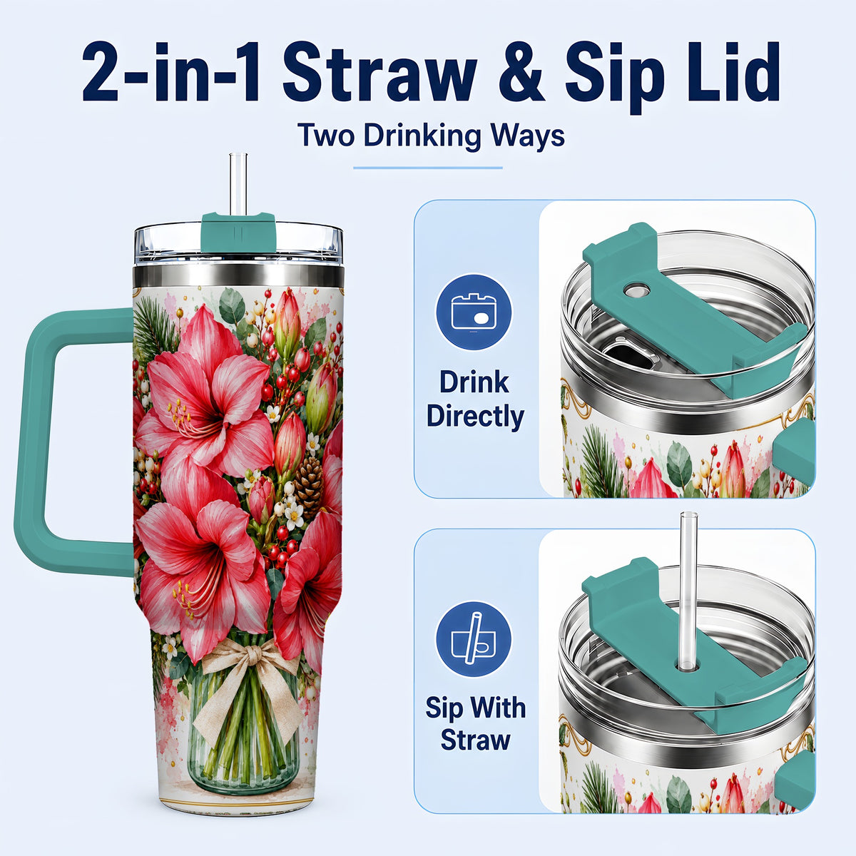 #pl[40oz|Green] Pink Amaryllis 40oz Tumbler with Handle, Christmas Botanical Flowers