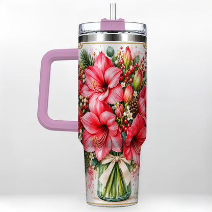 #pl[40oz|Pink] Pink Amaryllis 40oz Tumbler with Handle, Christmas Botanical Flowers