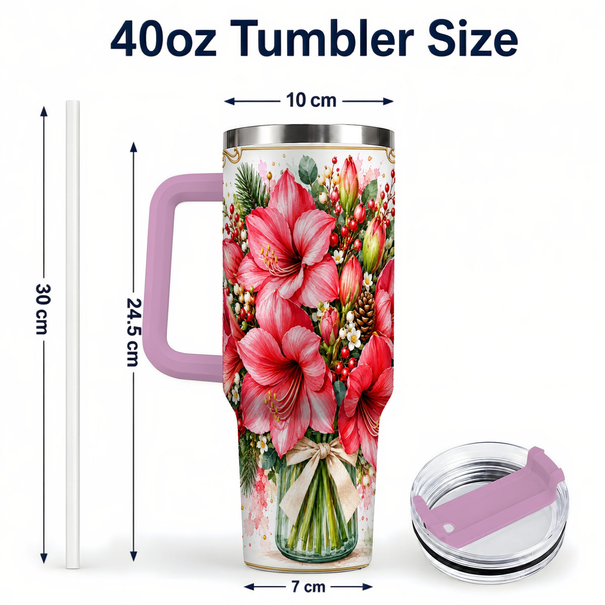 #pl[40oz|Pink] Pink Amaryllis 40oz Tumbler with Handle, Christmas Botanical Flowers
