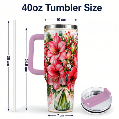 #pl[40oz|Pink] Pink Amaryllis 40oz Tumbler with Handle, Christmas Botanical Flowers