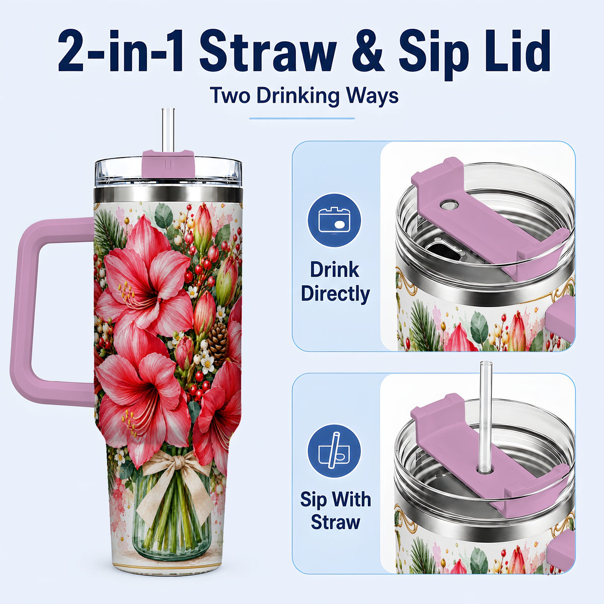 #pl[40oz|Pink] Pink Amaryllis 40oz Tumbler with Handle, Christmas Botanical Flowers