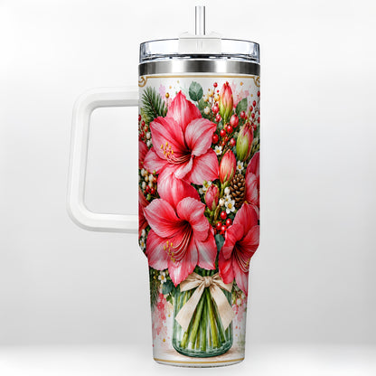 Pink Amaryllis 40oz Tumbler with Handle, Christmas Botanical Flowers