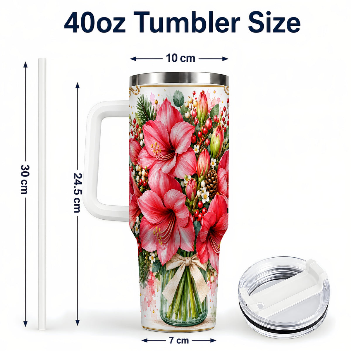 #pl[40oz|White] Pink Amaryllis 40oz Tumbler with Handle, Christmas Botanical Flowers