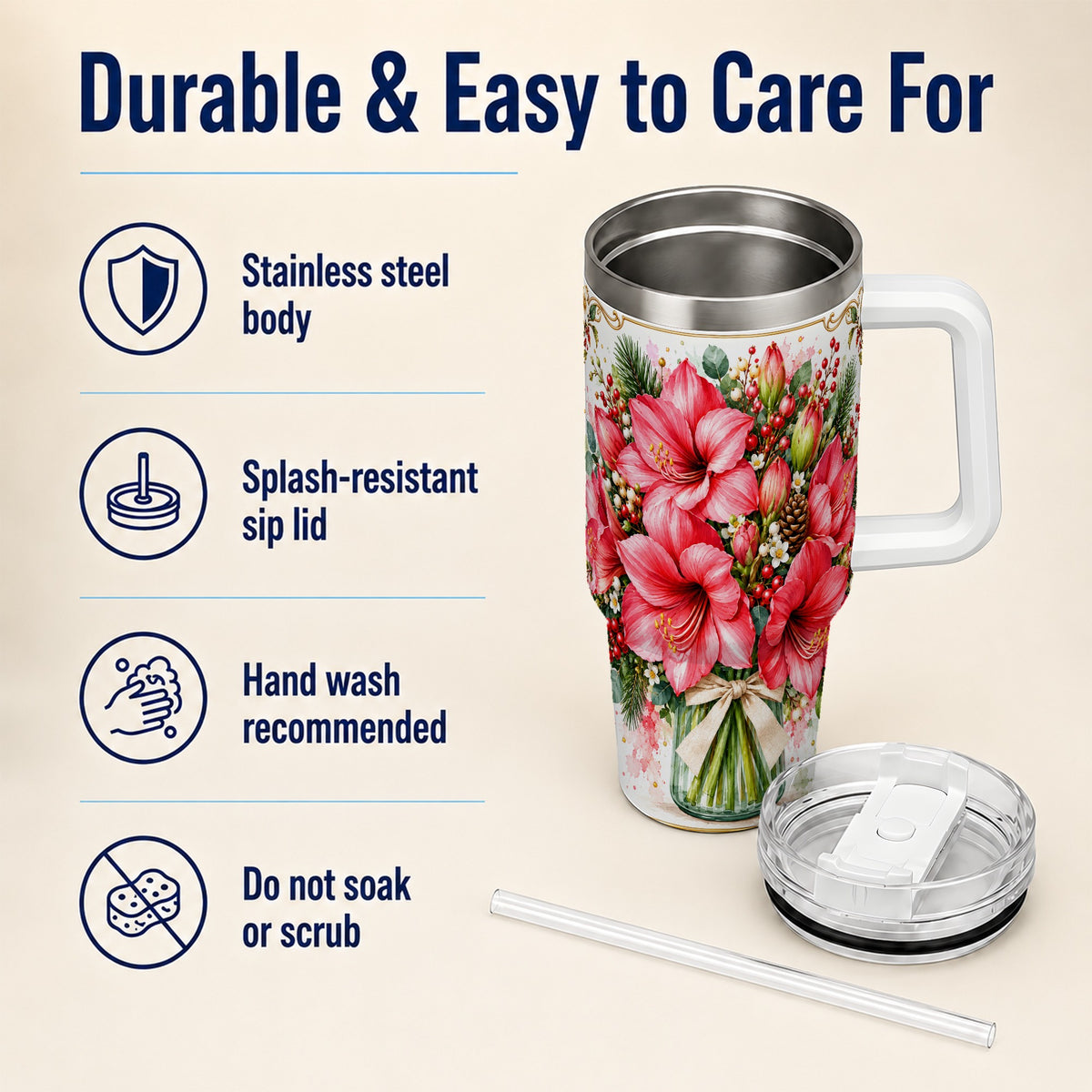Pink Amaryllis 40oz Tumbler with Handle, Christmas Botanical Flowers