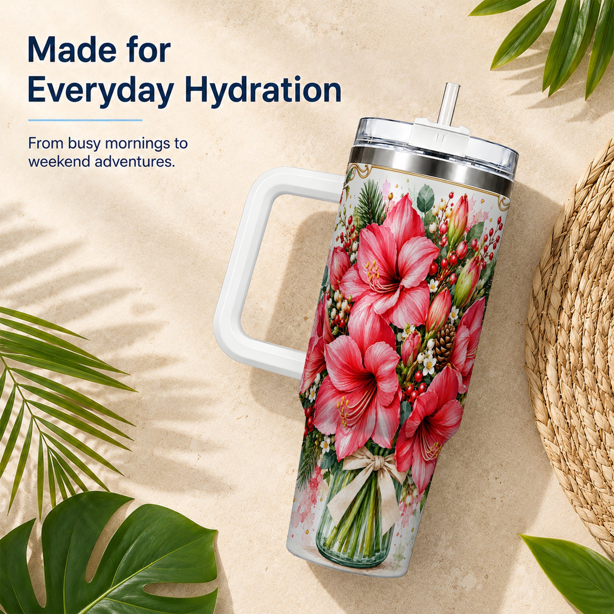 Pink Amaryllis 40oz Tumbler with Handle, Christmas Botanical Flowers