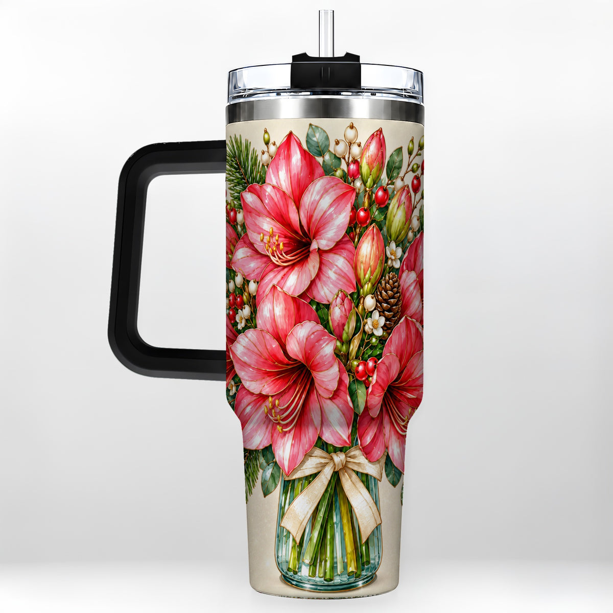 #pl[40oz|Black] Pink Amaryllis 40oz Tumbler with Handle, Gold Accent Christmas Floral
