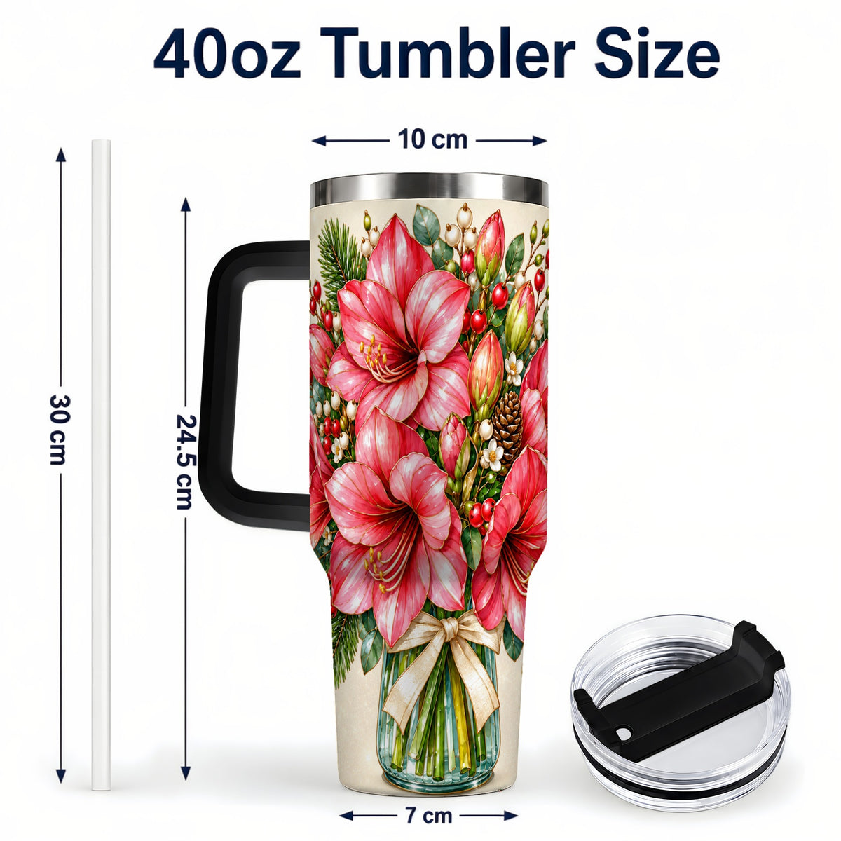 #pl[40oz|Black] Pink Amaryllis 40oz Tumbler with Handle, Gold Accent Christmas Floral