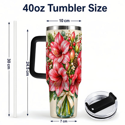 #pl[40oz|Black] Pink Amaryllis 40oz Tumbler with Handle, Gold Accent Christmas Floral