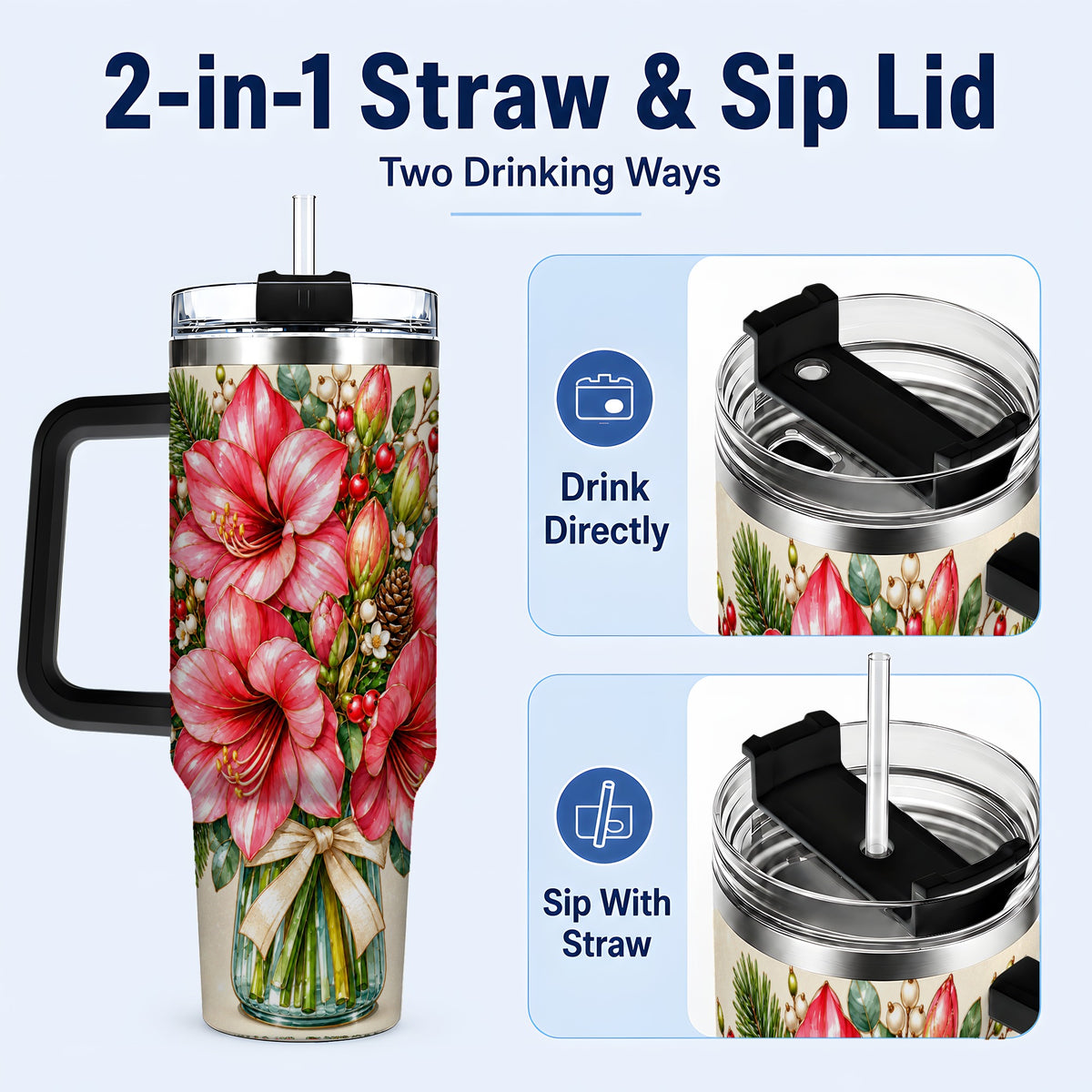 #pl[40oz|Black] Pink Amaryllis 40oz Tumbler with Handle, Gold Accent Christmas Floral