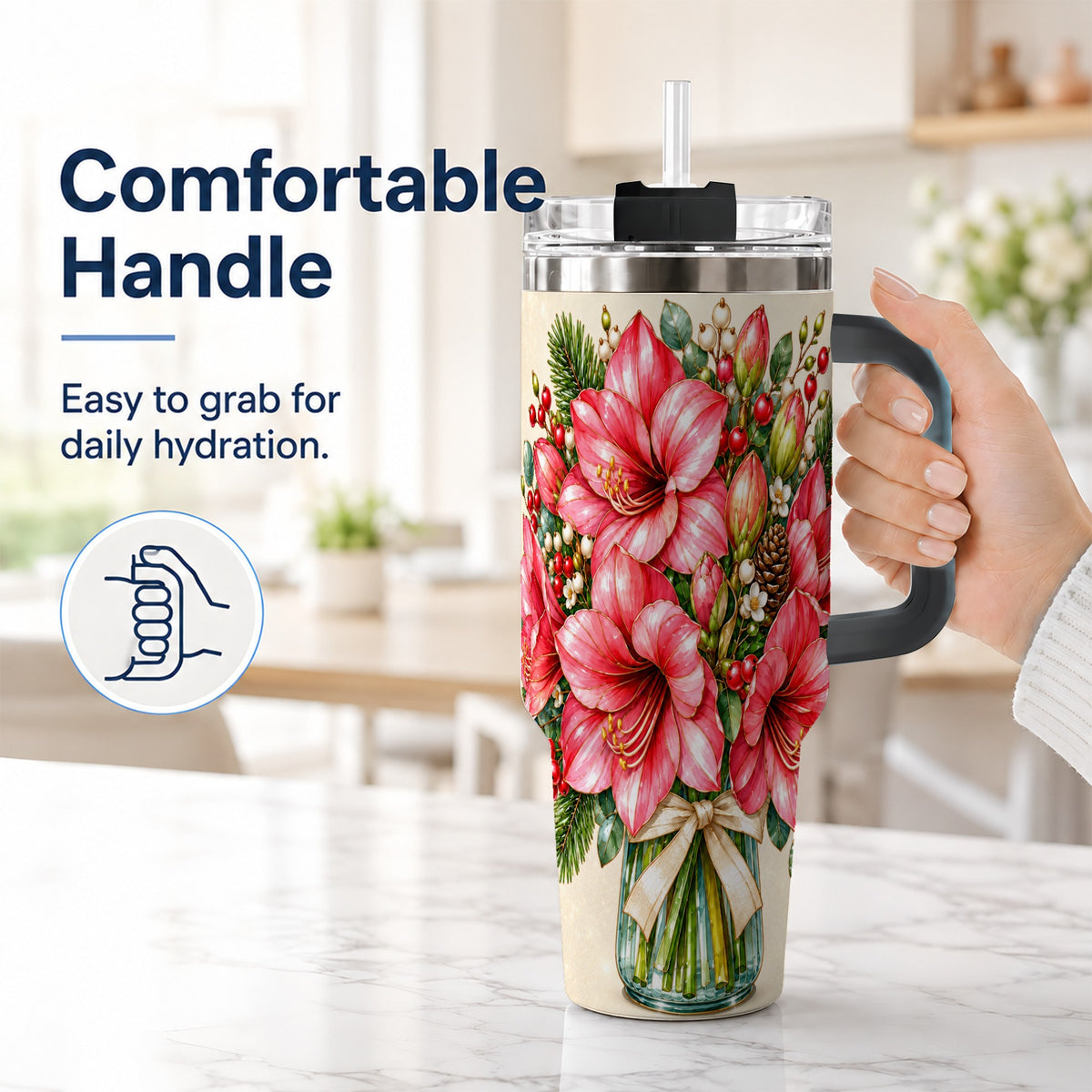 #pl[40oz|Black] Pink Amaryllis 40oz Tumbler with Handle, Gold Accent Christmas Floral
